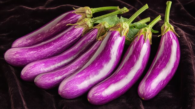 Close up of fresh purple eggplants with smooth glossy skin