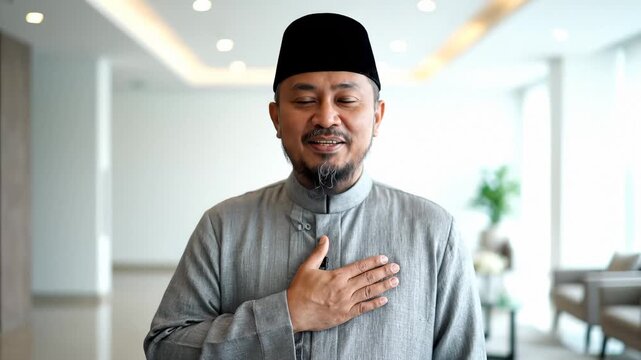 Muslim Man Speaking and Gesturing With Hand on Heart