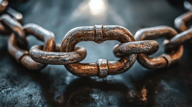 Close up of interconnected metallic links forming a strong robust industrial chain with weathered texture and focus detail