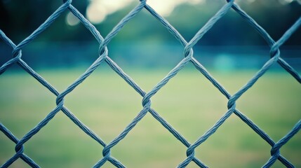 Fototapeta premium Close up view of a weathered metal chain link fence with blurred green outdoor background