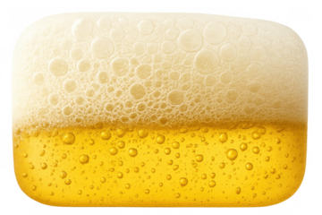 Golden beer with frothy white foam and rising bubbles, refreshing alcoholic beverage background on transparent