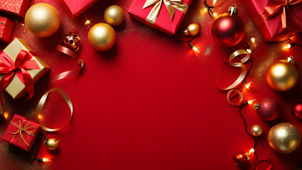 Christmas gifts and ornaments creating festive red background
