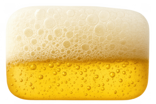 Golden beer with frothy white foam and rising bubbles, refreshing alcoholic beverage background on transparent