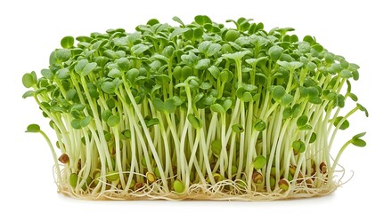 Fresh green alfalfa sprouts with visible roots and water droplets on white background young