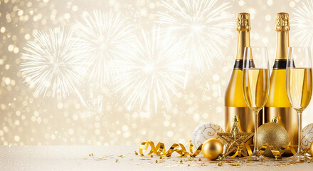 Festive New Year celebration scene with gold champagne bottles and two filled flutes, golden ornaments and ribbons on a sparkling surface, bright white-gold bokeh and fireworks in the background.