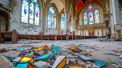 Shattered stained glass fragments scattered on the dusty floor inside an abandoned gothic church