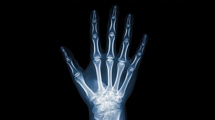 Human hand X-ray showing skeletal bone structure and anatomy on black background