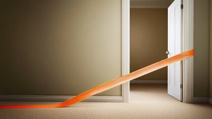 Orange hazard caution tape striped stretching across a doorway inside a room
