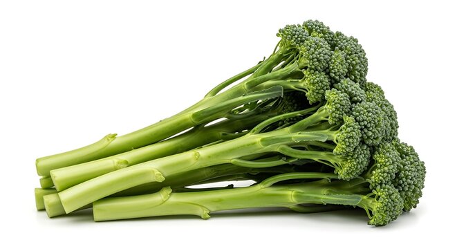 Bunch of fresh green broccolini stalks with florets on white background vegetable