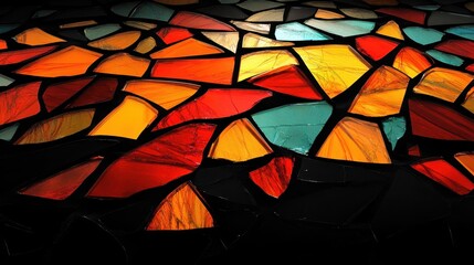 Close up of shattered fragments of colorful glass forming a mosaic