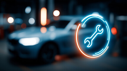Digital wrench icon with blurred car in background
