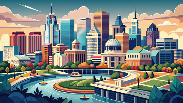 Very beautiful high-angle view of downtown Indianapolis, Indiana, featuring the city’s modern skyline with the recognizable dome of the Indiana Statehouse and the gentle curve of the White River, crea