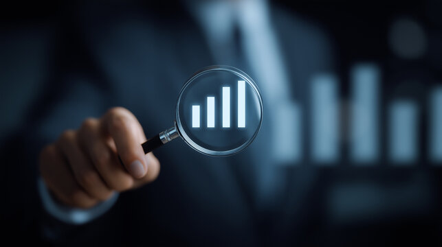 Businessman analyzing bar chart with magnifying glass