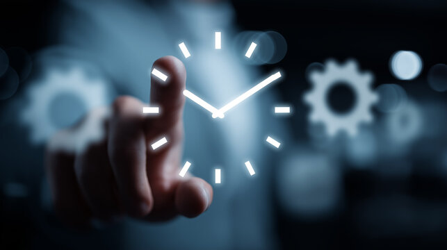 Businessman interacting with virtual clock interface for time management