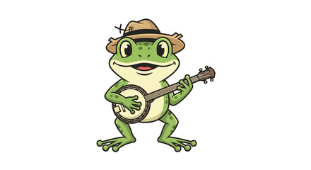 Cartoon frog strumming a banjo wearing a straw hat presenting a cheerful musical performance