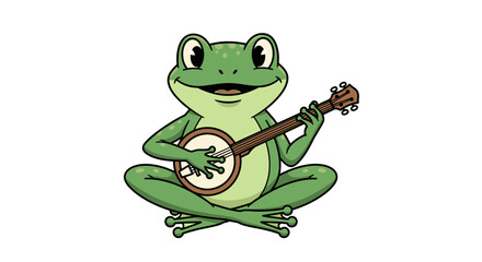 Cartoon depiction of a happy frog strumming a banjo with a cheerful expression on a white backdrop