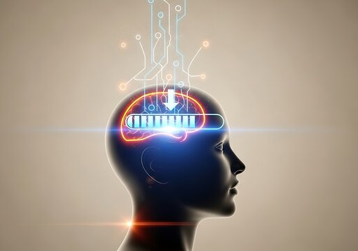 Artificial Intelligence - Brain Uploading Concept with Glowing Brain. - Powered by Adobe