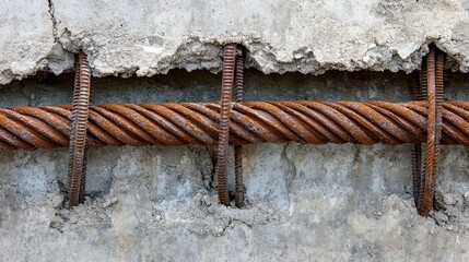 Rusted metal cable twisted and exposed from a cracked concrete structure