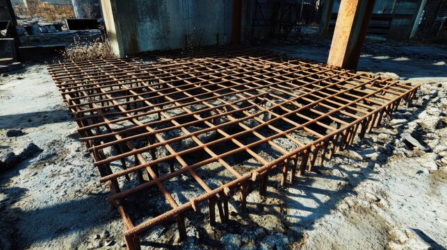 Rusty metal grid cage structure in an outdoor setting