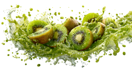 Creative splash of kiwi juice around sliced fruit pieces, dynamic motion concept for beverage advertising or packaging design, isolated on white background 