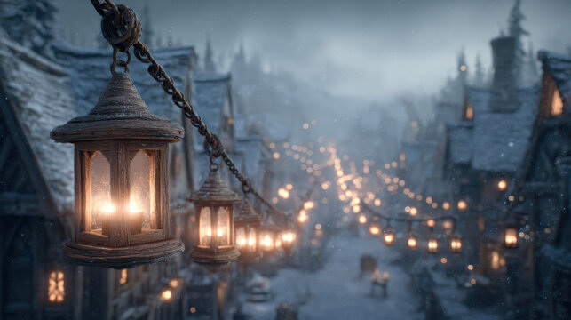 Warm glowing lantern lantern snowy village string light candle light winter street wooden lantern evening festive medieval house