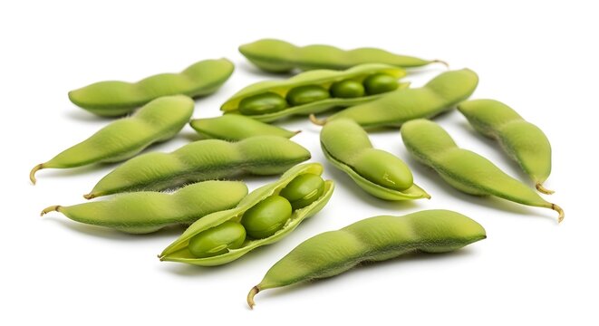 Pile of fresh green edamame pods with some opened revealing beans on a white background soybean