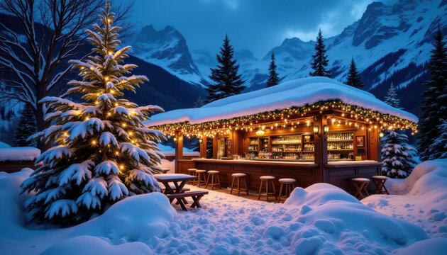 Rooftop bar decorated with Christmas lights hosts festive party in snowy mountain landscape, creating joyful winter atmosphere with pine trees and cozy outdoor seating