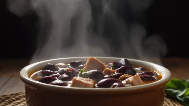 Feijoada Brazilian black bean stew atmospheric steam backlit