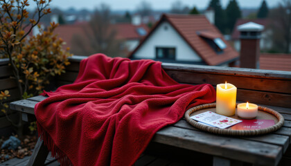 Rooftop christmas party scene with cozy red blanket on wooden bench glowing candles and invitation card on tray creating warm festive atmosphere in winter evening outdoors