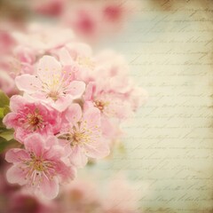 A soft-focus image of delicate pink blossoms against a faded, scripted background, perfect for themes of nature, romance, or nostalgia, Ideal for greeting cards, invitations, or floral decor,