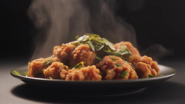Chicken 65 Indian fried chicken close-up plating steam rising
