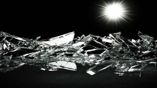 Jagged broken glass shards reflecting light against a dark surface