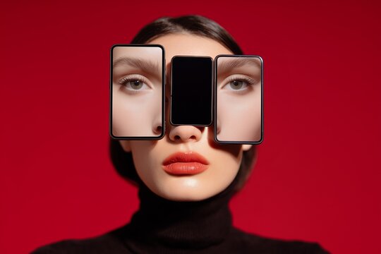 Portrait of a woman with multiple smartphones framing her face, showcasing a fragmented digital identity against a vibrant red background, emphasizing modern technology and self-perception