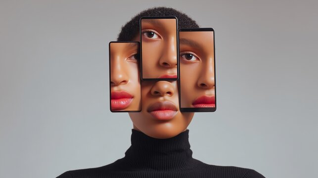Black woman with fragmented digital identity, multiple smartphones displaying her face, creating a unique visual narrative about technology and self-perception with copy space