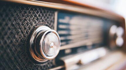A close-up view of an antique radio, showcasing its vintage design and chrome details, Ideal for projects related to nostalgia, music history, or retro themes