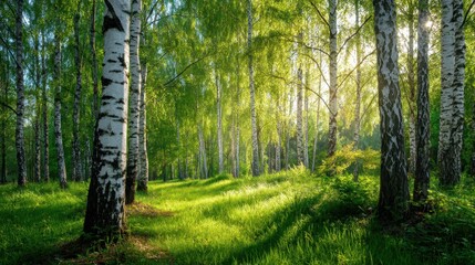 Sun shines through fresh green leaves of birch grove, illuminating bright spring forest or park. Woodland landscape for nature and ecology concept.
