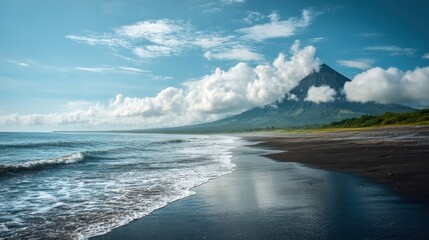 Ocean waves on black sand beach with volcano and clouds in background. Tropical nature landscape for travel and vacation brochures.