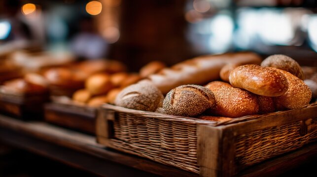 Freshly baked bread and rolls in a wicker basket, on display at a bakery or cafe, for a rustic and delicious food concept.