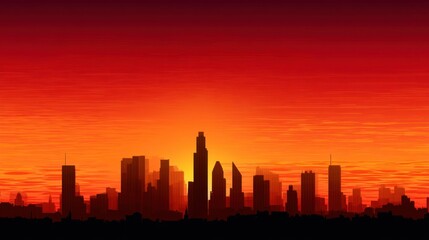 City skyline silhouette against a vibrant orange and red sunset sky. Modern architecture panorama for urban development and business concept.