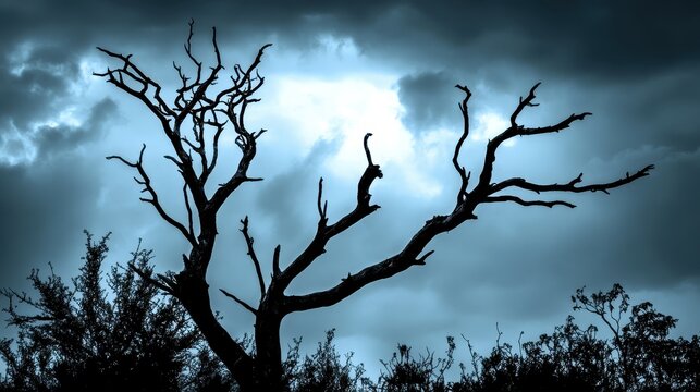Silhouetted dead tree with gnarled branches under a stormy sky