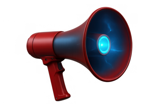 Red megaphone amplifying important breaking news, making a loud announcement, spreading a message, transparent background