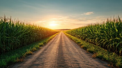 Naklejka premium Dirt road through a cornfield at sunset. Agriculture landscape with a path leading into the horizon. Golden hour countryside.
