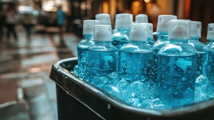 Numerous clear plastic bottles filled with blue hand sanitizer gel packed tightly in a black container with a blurred outdoor background and people in the distance