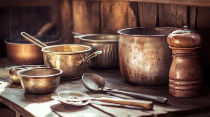 Old Metal Cooking Implements Arranged on a Wooden Surface