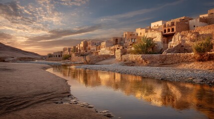 Fototapeta premium Ancient desert village at golden hour with a flowing river beside. Traditional stone architecture reflects in water under a dramatic sky.