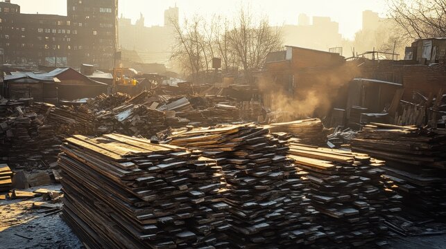 Stacks of salvaged wooden planks with splintered edges piled outdoors in a hazy industrial yard