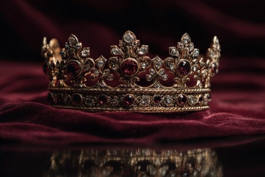 Ornate gold crown with rubies on rich burgundy velvet