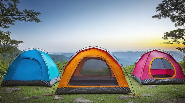 Outdoor camping tents set up on a grassy hillside with rolling mountains under a bright sky at sunset
