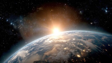 Fototapeta premium Sun rising over planet Earth, viewed from space, illuminating continents with city lights. Global communication and environmental awareness concept.