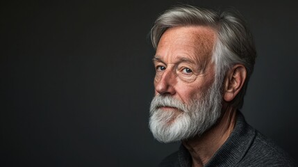 Obraz premium Older caucasian man with gray beard and hair on dark background looking at camera. Headshot portrait for concept of aging.